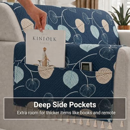 Image of STITCHNEST 'Frostvine Collection' 2 Seater Sofa Cover | Full Coverage with Armrest Pockets | Cotton Quilted Fabric, Decorative Tassels, Washable & Durable for Modern Living