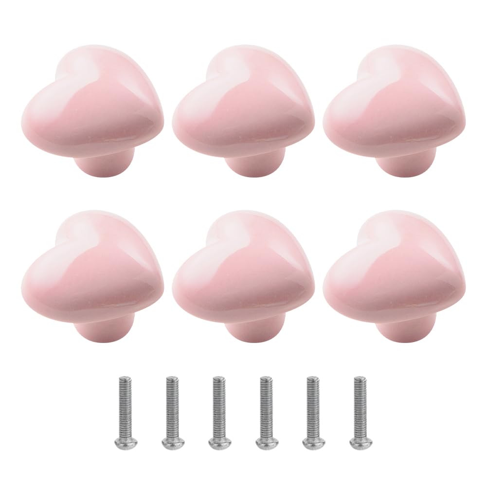 JIHUOO 6 Pcs Pink Ceramic Heart Knobs Cute Drawer Handle Knobs Closet Door Pull Knobs Kids Wardrobe Knobs Furniture Dresser Knobs Kitchen Cupboards Door Knobs with 6 Pcs Screws