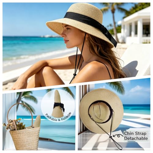 Sombrero de paja para mujer con ala ancha y protección solar miniatura 6