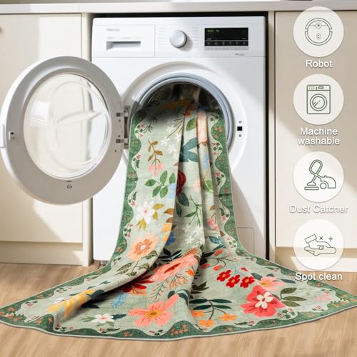 8x10 Area Rugs for Living Room: Floral Washable Rug Vintage Large Soft Boho Non-Slip Carpet Indoor Stain Resistant Low Pile Carpets for Bedroom Dining Room Farmhouse Nursery Hallway Home Office Green