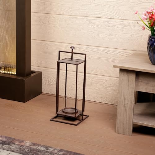 Image of Alpine Corporation 19 inch Small Rectangular Lantern with Glass Candle Holder , Outdoor Lantern for Patio, Porch, or Deck Decor, Bronze