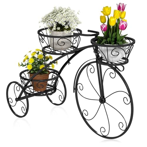 DREAMADE 3-tier Bicycle Planter, Vintage Tricycle Plant Display Cart w/ Openwork Baskets & Fixed Wheels, European-Inspired Metal Decorative Plant Stand for Gardens, Patios, Balconies (Black)