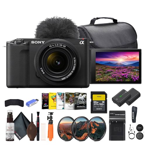 Sony Alpha ZV-E1 Full-Frame Mirrorless Vlogging Camera with 28-60mm Lens - Black (ILCZVE1L/B) + 64GB Card + Filter Kit + Bag + NP-FZ100 Compatible Battery + External Charger + More