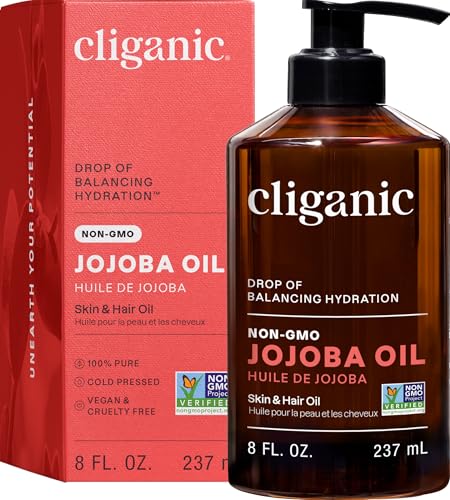 Cliganic Jojoba Oil ,100%, Non-GMO, Cold Pressed for Face, Hair &amp; Skin 8oz