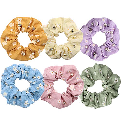 NODG 6 Pieces Scrunchies for Hair Cute Scrunchies for Women with Pearl Women's Hair Scrunchies Chiffon Flowers Elastic Hair Bands Scrunchy Hair Ties Ropes Scrunchy Hair Scrunchies