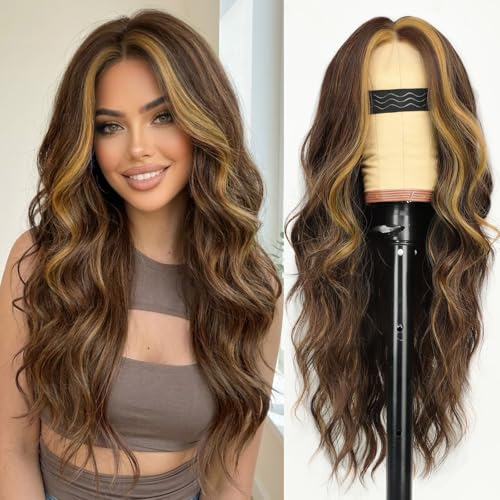 AISI HAIR Chocolate Brown with Caramel Highlights Wig for Women,