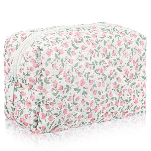 Nogeqi Gesteppte Kosmetiktasche Klein Mit Blumenmuster, Rosa Make Up Tasche Klein Weiches Baumwoll Puffy Makeup Bag Aesthetic Reißverschluss für Damen Make-Up-Pinsel Und Beauty-Tools