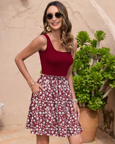 Image of AUSELILY Womens Sleeveless Square Neck Summer Dresses with Pockets | Sleeveless Sundresses Short Beach Dress Flowy Mini Dress Casual Vacation Dress