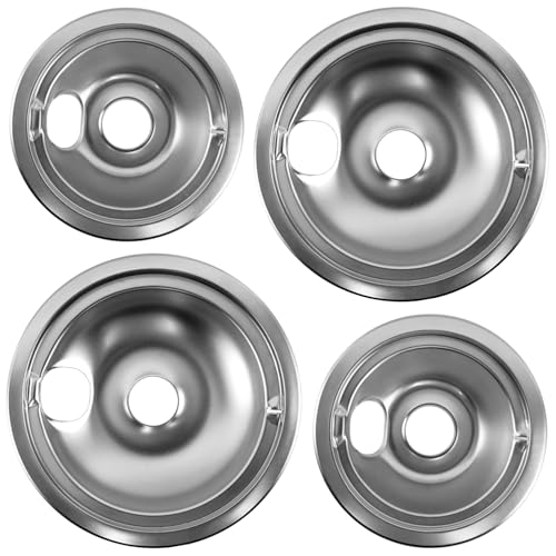 WB31T10010 WB31T10011 Chrome Drip Pans Set (4 Pack) - 2x6 & 2x8 Replacement for GE Hotpoint Kenmore Electric Stoves with Locking Slot - Chrome Plated Steel Burner Bowls