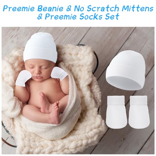 Hercicy 4 Pack Preemie Hat and Mitten Socks Set Cotton Preemie Beanie No Scratch Baby Mitten Nicu Hospital Hat for Boy Girl2