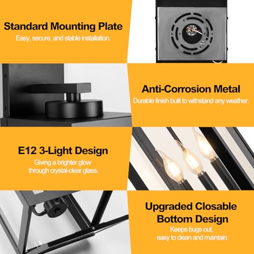 Image of 24 inch Extra Large Fully Enclosed Outdoor Light Fixture 3-Light, Coach Lights | Anti-Rust Waterproof Outdoor Wall Lights, Black Modern Exterior Lighting Fixtures Front Porch Light for House, E12, 2-Pack