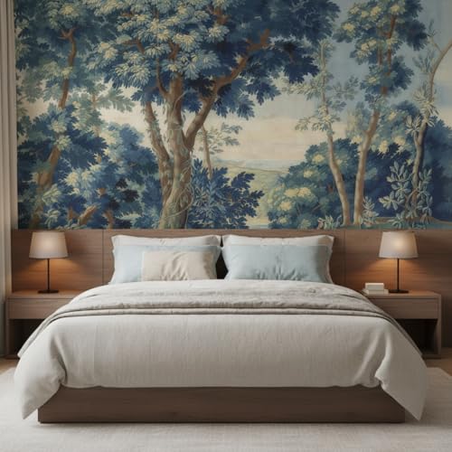 LOOWAP Blue Forest Peel and Stick Wallpaper Self Adhesive Woodland Landscape Wall Mural for Bedroom Living Room 137' x 96'