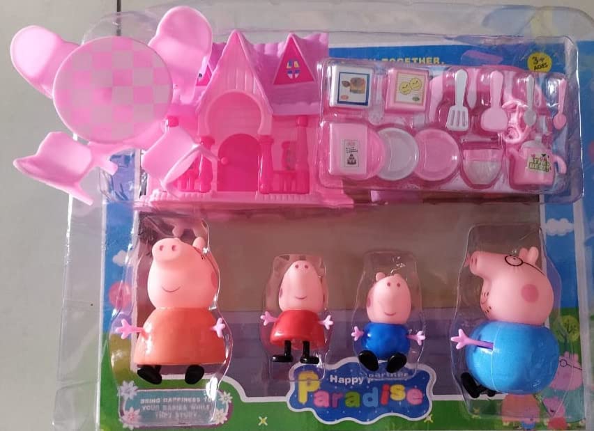 ROZZBYPig Toys Family Set of 4 with Pig House Set I 1 car 1 Dining Table, Multicolor (Peppa Pig Kitchen Toy)