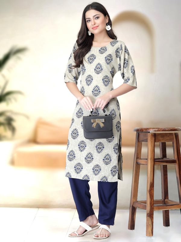 Pinkmint Kurta Set For Women Rayon Printed Stylish Neck Kurti With Pant Set (Pack Of 2) Olive-White