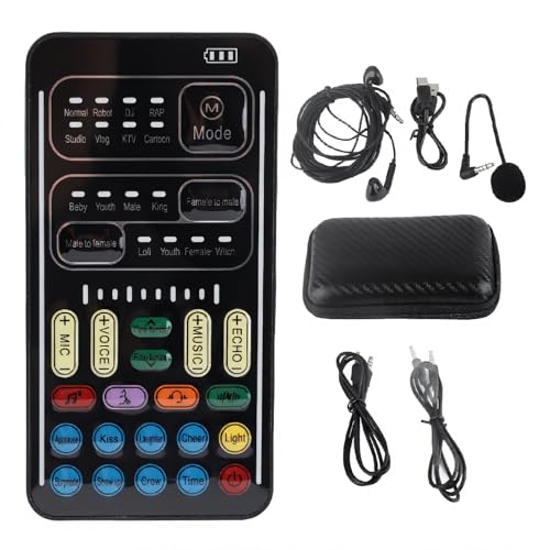 Annadue Changeur de Voix, I9 Voice Changer Set Enregistrement Carte Son Live Streaming Mixer avec Microphone Casque, pour PC(Le Noir)