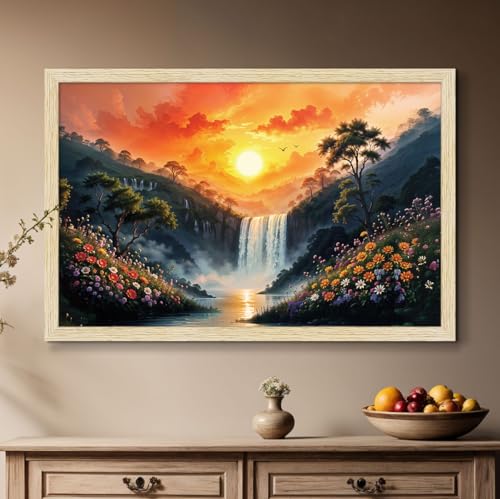 Image of ArtX Canvas Rising Sun Painting For Vastu, Big Size Wall Art, Water Stream, Waterfall Painting Vastu, Rising Sun Wall Decor, Multicolor, Nature, 91.0 X 61.0 cm, Set of 1