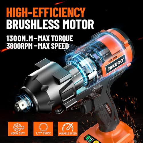 Takuoo 1300N.M(960Ft-Lbs) Cordless Impact Wrench High Torque, 1/2 Inch 21V Brushless Impact Gun W/2X 4.0Ah Battery Fast Charger, Electric Power Impact Wrench For Truck Rv Heavy-Duty thumb #1