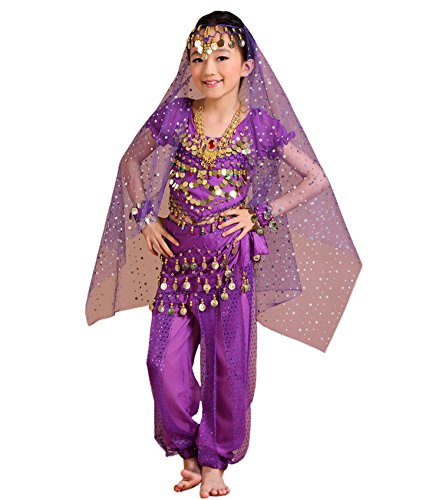 Astage Children Indian Belly Dance Girl Costume Halloween Performance Sets Purple Medium Fits 7-10 Years