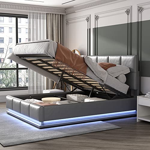 KecDuey Polsterbett 140x200 cm mit LED Beleuchtung & Hydraulisch anhebbarer Bettstauraum,Doppelbett Bettkasten & Lattenrost Bezug aus Kunstleder Erwachsenen Jugendbett (Grau) KecDuey Polsterbett 140x200 cm mit LED Beleuchtung & Hydraulisch anhebbarer Bettstauraum,Doppelbett Bettkasten & Lattenrost Bezug aus Kunstleder Erwachsenen Jugendbett (Grau)
