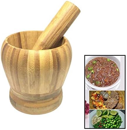 Bamboo Design Mortar and Pestle, Set for Grinding and Crushing Garlic, Herb Pill, Crushing Sesame Seeds