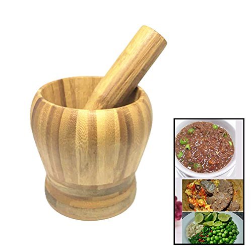 Bamboo Design Mortar and Pestle, Set for Grinding and Crushing Garlic, Herb Pill, Crushing Sesame Seeds