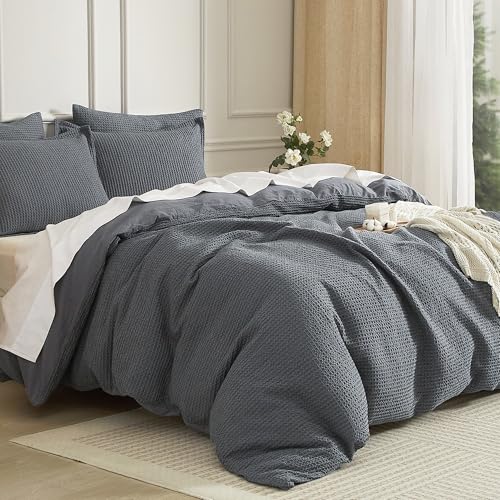 SE SOFTEXLY Waffle Duvet Cover King, 100% Cotton Waffle Weave Bedding Duvet Cover Set, Soft and Breathable Comforter Cover for All Season, 3 Pieces Including Pillow Shams(Dark Grey, 104”x90”)