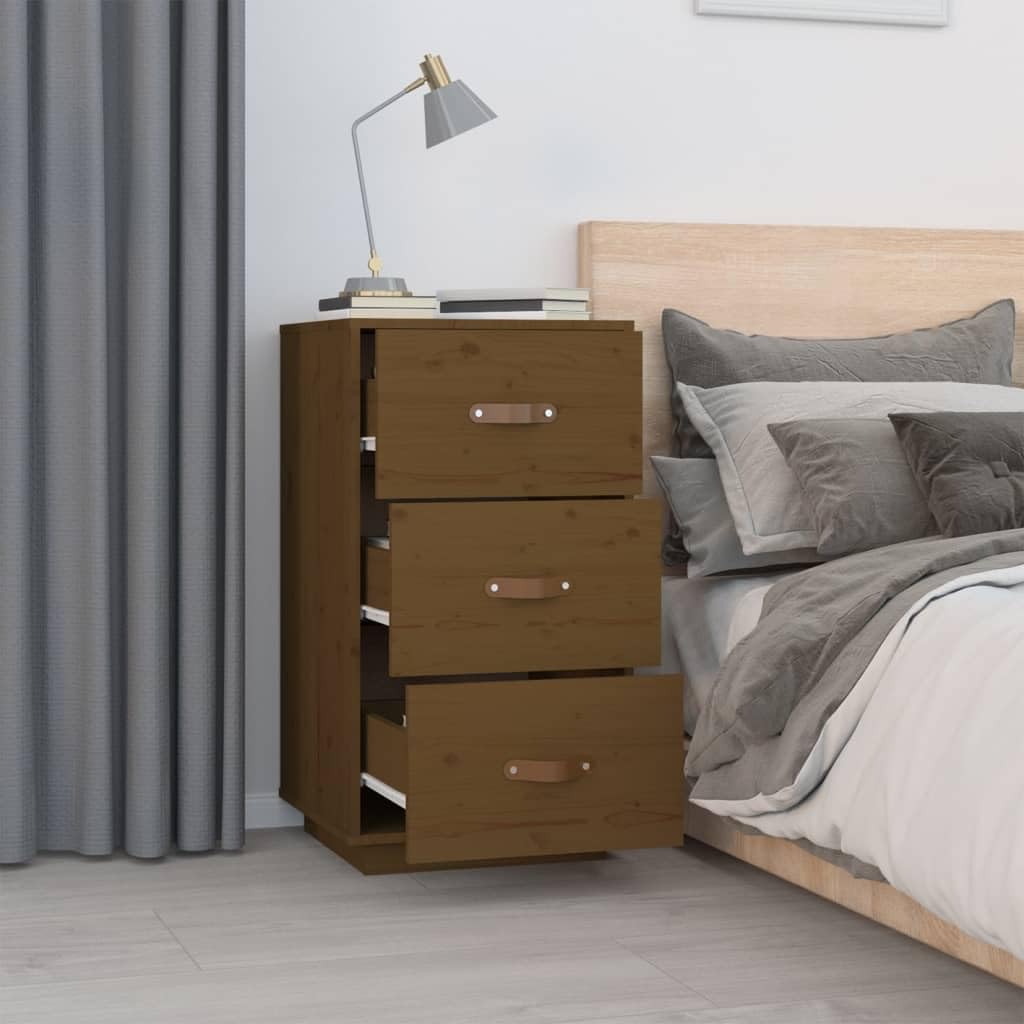 Massiver Kiefernholz Nachttisch mit 3 Schubladen, Stauraum Möbel fürs Schlafzimmer, Multifunktionaler Beistelltisch mit rustikaler Optik, Wandhalterung inklusive zur Sicherung