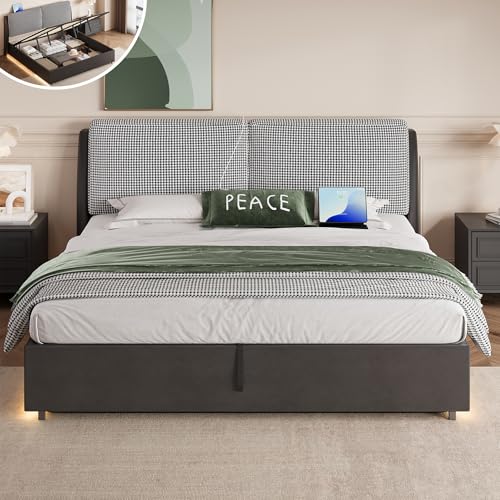 LIKIMIO King Lift Up Storage Bed, Modern Bed Frame with Sofa-Style Cushions, Type-C & USB Port, No...