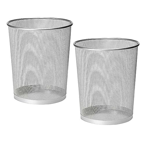 2 UR DOOR Metal Mesh Waste Basket Round Trash Bin For Kitchen, Bathroom, Bedroom - 27x23.5x23.5cm - Office Garbage Bin, Teenagers Room and Dorm Accessories, Lightweight Rubbish Can (Silver2)