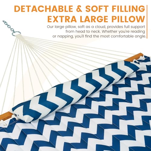 Image of Lazy Daze Hammocks 12FT Quilted Fabric Double Hammock with Spreader Bars and Detachable Pillow, 2 Person Hammock for Outdoor Patio Backyard Poolside, 450 LBS Weight Capacity, Blue Chevron Stripe
