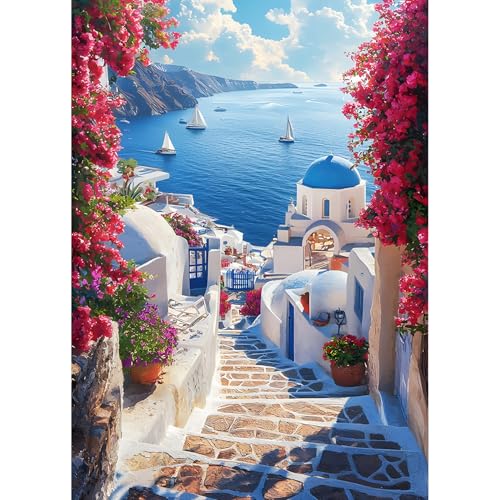 QQYRHN Santorini Diamond Painting Kits for Beginners Adults,5D Aegean Sea Diamond Art Kits, DIY Round Full Drill Church Diamond Dots Diamond Gem Art with Painting Kits for Home Wall Decor 12x16 Inch