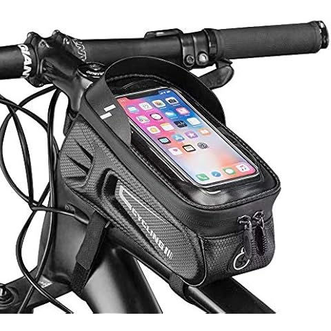 Bike Frame Bag, Waterproof Bicycle Front Top Tube Pouch Pannier Bike Cell Phone Mount Cycle Holder Cycling Crossbar Storage Bags with Sun Visor for iPhone 13 12 11 Pro Max XS XR Smartphone up to 6.7'' Cover