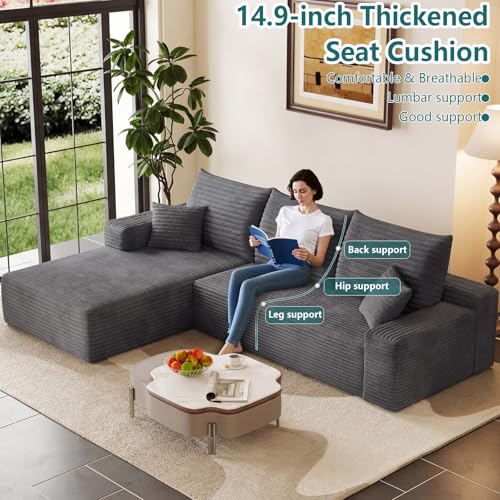 Image of 95 inch Modular Sectional Couch, Boneless L Shaped Cloud Sofa with Chaise Lounge, Corduroy Upholstered Couches Memory Foam Deep Seat, No Assembly Required, Ideal for Living Room(Dark Gray, Left Facing)