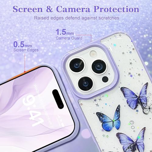 Image of VONZEE for iPhone 15 Pro Clear Glitter Butterfly Case, Cute Bling Sparkle Shiny Soft TPU Bumper Shockproof Women Girls Slim Protective Phone Cover for iPhone 15 Pro 6.1 inch,Purple