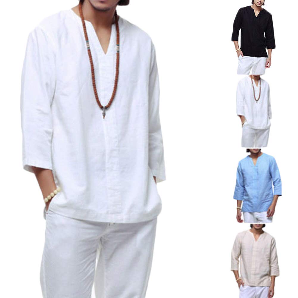 Men's Cotton Linen T-Shirt Casual Shirts Solid Colour V-Neck Long Sleeve Loose Collarless Tops (XL, Black)