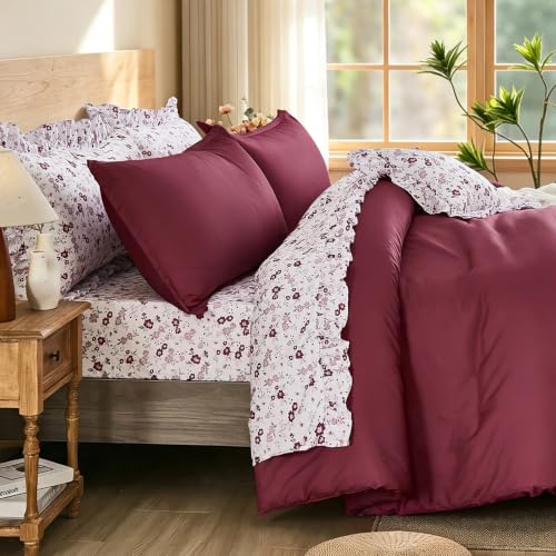 Image of WONGS BEDDING 8PC Queen Comforter Set, Ruffle Comforter with Floral Sheets
