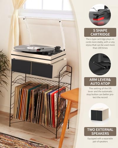 Image of Vinyl Record Player with Two External Speakers Belt-Drive Turntables for Vinyls Records Dual Stereo Speakers LP Players 3 Speed Full Size Wireless AUX-in Headphone Auto Stop Wood White