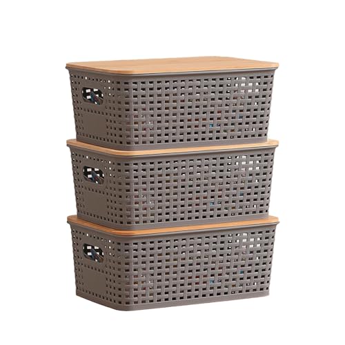 Kongming Cajas Almacenaje plastico, 3 piezas Cestas Almacenaje con Bambu Tapa 5L Cajas Organizadoras apilables para Baño, Cocina, Dormitorio 25 x 18 x 10 cm (gris)
