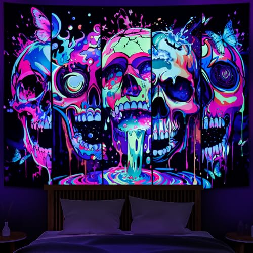 Heopapin Blacklight Skull Art Tapestry UV Reactive Neon Skeleton Butterfly Tapestries Trippy Blacklight Horror Face Tapestry Halloween Aesthetic Wall Decor Tapestries for Home W59×H51