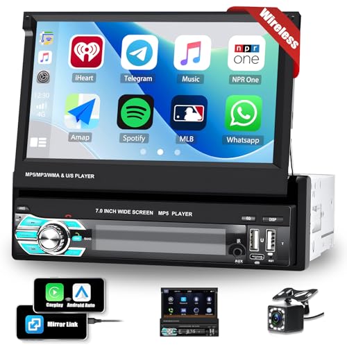 CAMECHO 1 DIN Wireless Carplay Autoradio 7 Pulgadas Coche Pantalla Táctil Extraible con Android Auto + Cámara Trasera, Bluetooth Radio Coche con FM/RDS 2USB