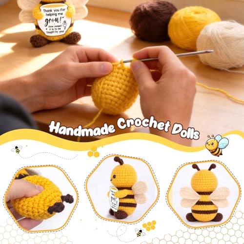 Image of Mini Teacher Appreciation Gifts for Women Men Back to School Teacher Gifts | Thank You Gifts for Teacher Coworker Positive Handmade Crochet Bee Birthday Retirement Office Gift Fall Desk Decor