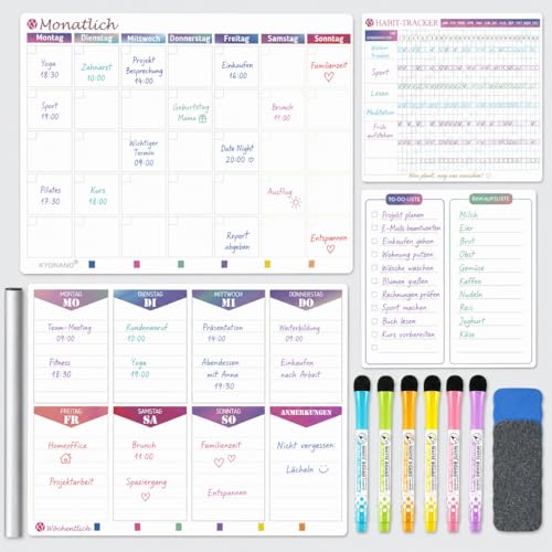 Planificador semanal magnético, 4 unidades, incluye planificador semanal, planificador mensual para hacer pizarra, registro de hábitos, pizarras blancas, planificadores de cocina, German Version