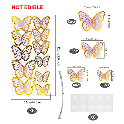 Set Of 66 Pack Purple Gold Cupcake Toppers Mixed Size&Colour 3D Butterfly Cake Picks Decorations With Dot Glue And Support Stick For Girl Women Wedding Birthday Party Baby Shower Food Wall Decoration #TOP1