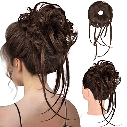 Messy Bun Hair Piece, HOOJIH Super Long Tousled Updo Hair Bun Extensions Wavy Hair Wrap Ponytail Hairpieces Hair Scrunchies with Elastic Hair Band for Women Girls - Warm Brown with little black mixed