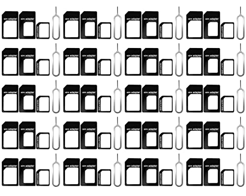 Lot de 20 adaptateurs de carte SIM, 4 en 1 Nano Micro Standard, kit convertisseur avec plateau SIM en acier, broche d'éjection 1, noir