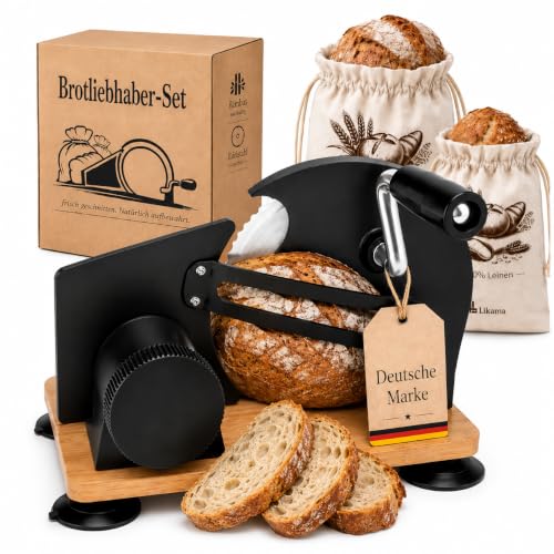Likama Brotschneidemaschine manuell Edelstahl mit Kurbel, Set mit 2 Brotbeutel aus Leinen, bread slicer ohne Strom, Brotmaschine, Allesschneider, Schneidemaschine (Schwarz)