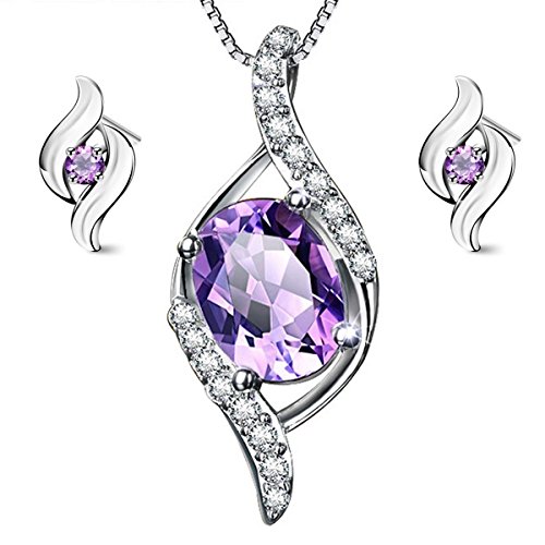 Preisvergleich Produktbild Gilind 925 Sterlingsilber Amethyst-Halskette- und Ohrring-Set für Damen + Geschenkbox