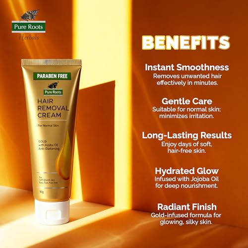 Image of Pure Roots Gold Hair Removal Cream 50g (Pack of 3) Gentle formula Enriched with Jojoba Oil, Painless, Easy and Effective Hair Removal Cream for Women and Men - 150g