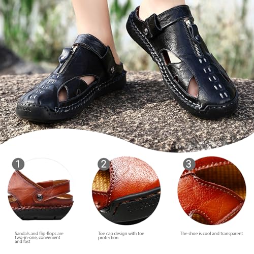 Mens Closed Toe Leather Handmade Sandals Adjustable Heel Strap Slip on Comfortable Anti-Slip Rubber Sole Hollow Hole Anti-Slip Slippers4