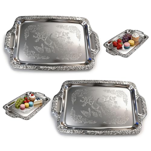 Silver Serving Tray, Metal Serving Tray - 2 Pack...